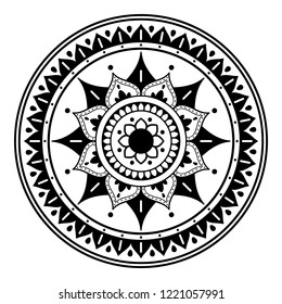 Flower-shaped mandala, black and white pattern. Islam, Arabic, Pakistan, Moroccan, Turkish, Indian, Spain motifs. Hand drawn background, vector isolated on white. EPS10