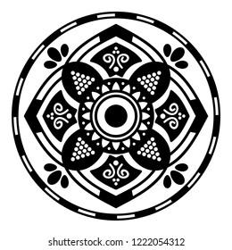 Flower-shaped mandala, black and white pattern. Can be used for greeting card, phone case print, etc. Hand drawn background, vector isolated on white. EPS10
