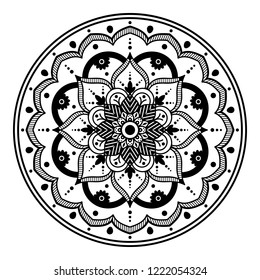 Flower-shaped mandala, black and white pattern. Can be used for greeting card, phone case print, etc. Hand drawn background, vector isolated on white. EPS10
