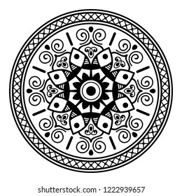 Flower-shaped mandala, black and white pattern. Can be used for greeting card, phone case print, etc. Hand drawn background, vector isolated on white. EPS10