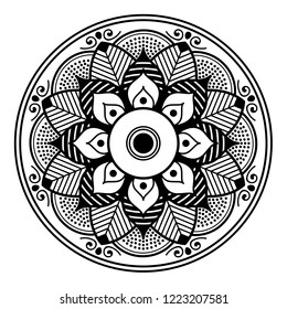 Flower-shaped mandala, black and white pattern. Can be used for greeting card, phone case print, etc. Hand drawn background, vector isolated on white. EPS10
