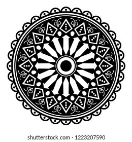 Flower-shaped mandala, black and white pattern. Can be used for greeting card, phone case print, etc. Hand drawn background, vector isolated on white. EPS10
