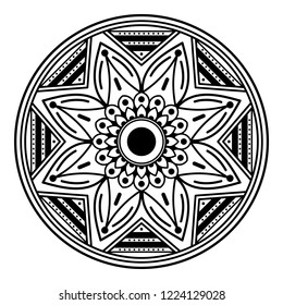 Flower-shaped mandala, black and white pattern. Can be used for greeting card, phone case print, etc. Hand drawn background, vector isolated on white. EPS10
