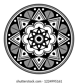 Flower-shaped mandala, black and white pattern. Can be used for greeting card, phone case print, etc. Hand drawn background, vector isolated on white. EPS10
