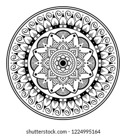 Flower-shaped mandala, black and white pattern. Can be used for greeting card, phone case print, etc. Hand drawn background, vector isolated on white. EPS10
