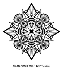 Flower-shaped mandala, black and white pattern. Can be used for greeting card, phone case print, etc. Hand drawn background, vector isolated on white. EPS10
