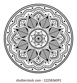 Flower-shaped mandala, black and white pattern. Can be used for greeting card, phone case print, etc. Hand drawn background, vector isolated on white. EPS10
