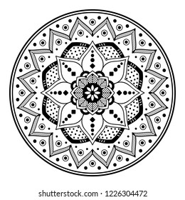 Flower-shaped mandala, black and white pattern. Islam, Arabic, Pakistan, Moroccan, Turkish, Indian, Spain motifs. Hand drawn background, vector isolated on white. EPS10
