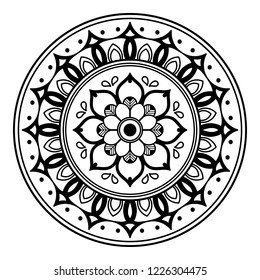 Flower-shaped mandala, black and white pattern. Islam, Arabic, Pakistan, Moroccan, Turkish, Indian, Spain motifs. Hand drawn background, vector isolated on white. EPS10
