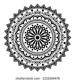 Flower-shaped mandala, black and white pattern. Islam, Arabic, Pakistan, Moroccan, Turkish, Indian, Spain motifs. Hand drawn background, vector isolated on white. EPS10
