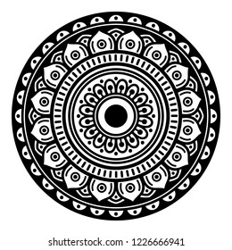 Flower-shaped mandala, black and white pattern. Can be used for greeting card, phone case print, etc. Hand drawn background, vector isolated on white. EPS10
