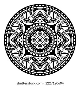 Flower-shaped mandala, black and white pattern. Islam, Arabic, Pakistan, Moroccan, Turkish, Indian, Spain motifs. Hand drawn background, vector isolated on white. EPS10

