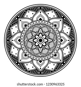 Flower-shaped mandala, black and white pattern. Islam, Arabic, Pakistan, Moroccan, Turkish, Indian, Spain motifs. Hand drawn background, vector isolated on white. EPS10
