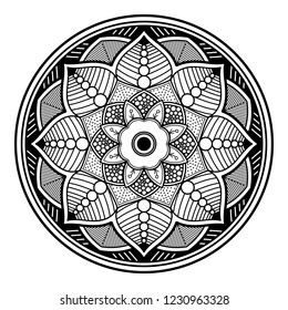 Flower-shaped mandala, black and white pattern. Islam, Arabic, Pakistan, Moroccan, Turkish, Indian, Spain motifs. Hand drawn background, vector isolated on white. EPS10
