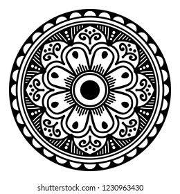 Flower-shaped mandala, black and white pattern. Islam, Arabic, Pakistan, Moroccan, Turkish, Indian, Spain motifs. Hand drawn background, vector isolated on white. EPS10
