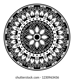 Flower-shaped mandala, black and white pattern. Islam, Arabic, Pakistan, Moroccan, Turkish, Indian, Spain motifs. Hand drawn background, vector isolated on white. EPS10
