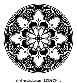 Flower-shaped mandala, black and white pattern. Islam, Arabic, Pakistan, Moroccan, Turkish, Indian, Spain motifs. Hand drawn background, vector isolated on white. EPS10
