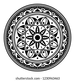Flower-shaped mandala, black and white pattern. Islam, Arabic, Pakistan, Moroccan, Turkish, Indian, Spain motifs. Hand drawn background, vector isolated on white. EPS10
