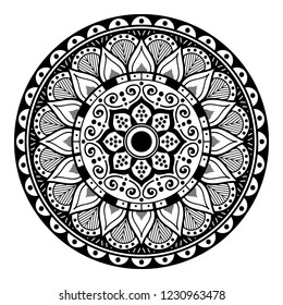 Flower-shaped mandala, black and white pattern. Islam, Arabic, Pakistan, Moroccan, Turkish, Indian, Spain motifs. Hand drawn background, vector isolated on white. EPS10
