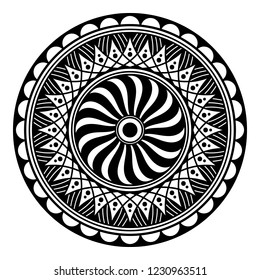 Flower-shaped mandala, black and white pattern. Islam, Arabic, Pakistan, Moroccan, Turkish, Indian, Spain motifs. Hand drawn background, vector isolated on white. EPS10
