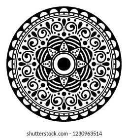 Flower-shaped mandala, black and white pattern. Islam, Arabic, Pakistan, Moroccan, Turkish, Indian, Spain motifs. Hand drawn background, vector isolated on white. EPS10
