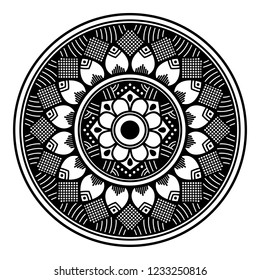 Flower-shaped mandala, black and white pattern. Can be used for greeting card, phone case print, etc. Hand drawn background, vector isolated on white. EPS10
