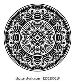 Flower-shaped mandala, black and white pattern. Can be used for greeting card, phone case print, etc. Hand drawn background, vector isolated on white. EPS10
