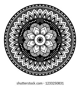 Flower-shaped mandala, black and white pattern. Can be used for greeting card, phone case print, etc. Hand drawn background, vector isolated on white. EPS10
