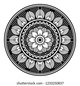 Flower-shaped mandala, black and white pattern. Can be used for greeting card, phone case print, etc. Hand drawn background, vector isolated on white. EPS10
