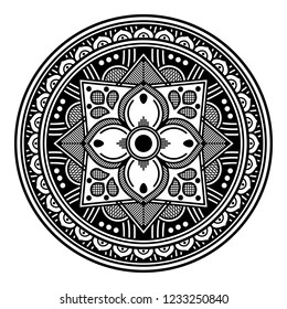 Flower-shaped mandala, black and white pattern. Can be used for greeting card, phone case print, etc. Hand drawn background, vector isolated on white. EPS10
