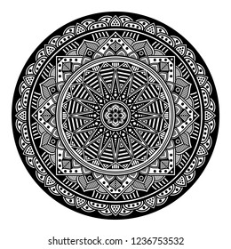 Flower-shaped mandala, black and white pattern. Islam, Arabic, Pakistan, Moroccan, Turkish, Indian, Spain motifs. Hand drawn background, vector isolated on white. EPS10
