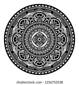 Flower-shaped mandala, black and white pattern. Islam, Arabic, Pakistan, Moroccan, Turkish, Indian, Spain motifs. Hand drawn background, vector isolated on white. EPS10
