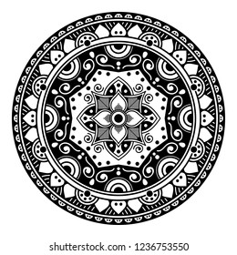 Flower-shaped mandala, black and white pattern. Islam, Arabic, Pakistan, Moroccan, Turkish, Indian, Spain motifs. Hand drawn background, vector isolated on white. EPS10
