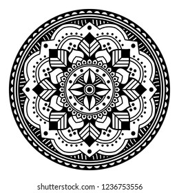 Flower-shaped mandala, black and white pattern. Islam, Arabic, Pakistan, Moroccan, Turkish, Indian, Spain motifs. Hand drawn background, vector isolated on white. EPS10
