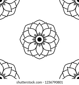Flower-shaped mandala, black and white pattern. Islam, Arabic, Pakistan, Moroccan, Turkish, Indian, Spain motifs. Hand drawn background, vector isolated on white. EPS10
