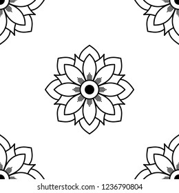 Flower-shaped mandala, black and white pattern. Islam, Arabic, Pakistan, Moroccan, Turkish, Indian, Spain motifs. Hand drawn background, vector isolated on white. EPS10
