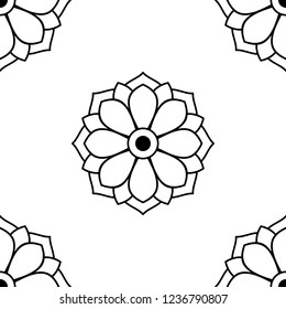Flower-shaped mandala, black and white pattern. Islam, Arabic, Pakistan, Moroccan, Turkish, Indian, Spain motifs. Hand drawn background, vector isolated on white. EPS10
