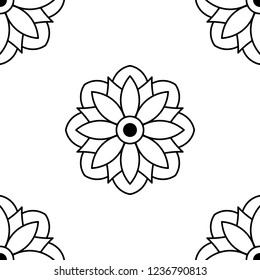 Flower-shaped mandala, black and white pattern. Islam, Arabic, Pakistan, Moroccan, Turkish, Indian, Spain motifs. Hand drawn background, vector isolated on white. EPS10
