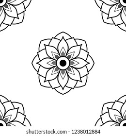 Flower-shaped mandala, black and white pattern. Can be used for greeting card, phone case print, etc. Hand drawn background, vector isolated on white. EPS10
