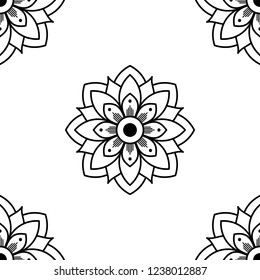 Flower-shaped mandala, black and white pattern. Can be used for greeting card, phone case print, etc. Hand drawn background, vector isolated on white. EPS10
