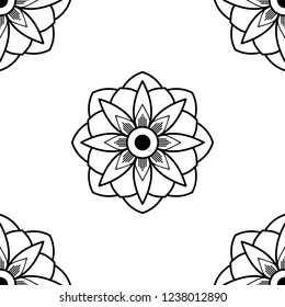 Flower-shaped mandala, black and white pattern. Can be used for greeting card, phone case print, etc. Hand drawn background, vector isolated on white. EPS10
