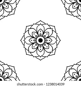 Flower-shaped mandala, black and white pattern. Can be used for greeting card, phone case print, etc. Hand drawn background, vector isolated on white. EPS10
