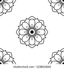 Flower-shaped mandala, black and white pattern. Can be used for greeting card, phone case print, etc. Hand drawn background, vector isolated on white. EPS10
