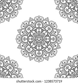 Flower-shaped mandala, black and white pattern. Can be used for greeting card, phone case print, etc. Hand drawn background, vector isolated on white. EPS10
