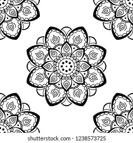 Flower-shaped mandala, black and white pattern. Can be used for greeting card, phone case print, etc. Hand drawn background, vector isolated on white. EPS10
