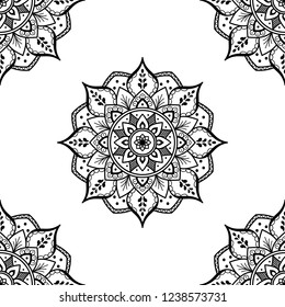 Flower-shaped mandala, black and white pattern. Can be used for greeting card, phone case print, etc. Hand drawn background, vector isolated on white. EPS10
