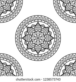 Flower-shaped mandala, black and white pattern. Can be used for greeting card, phone case print, etc. Hand drawn background, vector isolated on white. EPS10
