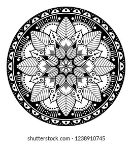 Flower-shaped mandala, black and white pattern. Islam, Arabic, Pakistan, Moroccan, Turkish, Indian, Spain motifs. Hand drawn background, vector isolated on white. EPS10
