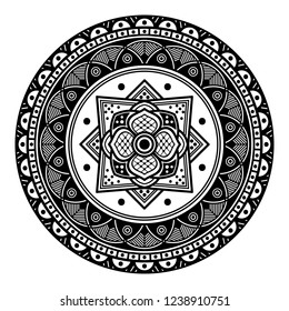 Flower-shaped mandala, black and white pattern. Islam, Arabic, Pakistan, Moroccan, Turkish, Indian, Spain motifs. Hand drawn background, vector isolated on white. EPS10
