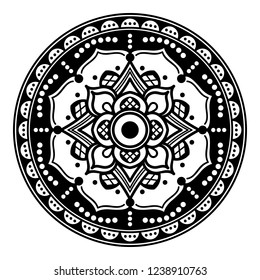Flower-shaped mandala, black and white pattern. Islam, Arabic, Pakistan, Moroccan, Turkish, Indian, Spain motifs. Hand drawn background, vector isolated on white. EPS10

